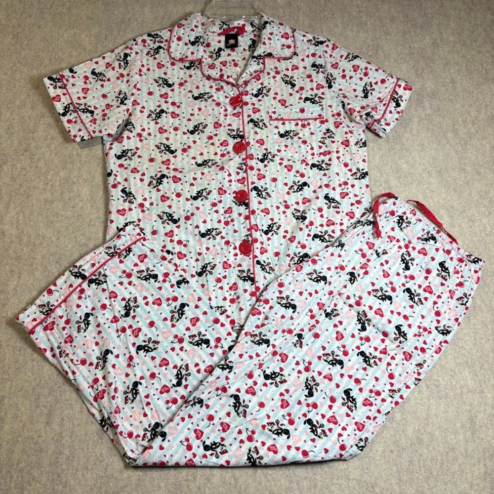 Paul Frank Pajama Set Wmn Medium Blue Cotton Skurvy Cat Heart Y2K Sleepwear PJs
